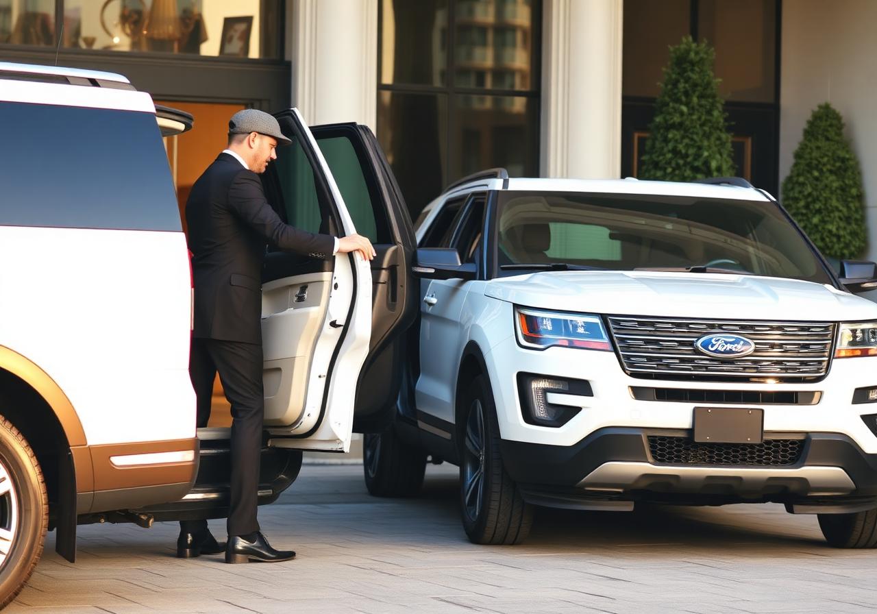Chauffeur opening a Ford Explorer SUV door for a corporate guest