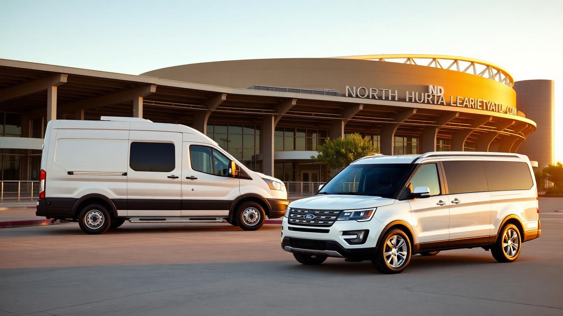 Ford Explorer SUV and Ford Transit passenger van outside a North Texas stadium